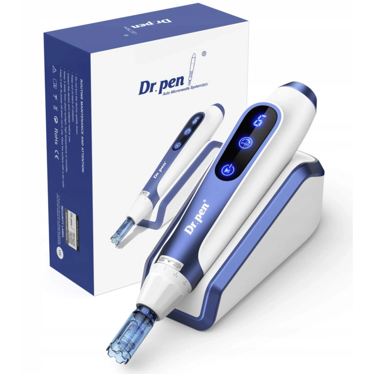 Dr. Pen A11 bleu et blanc sur son socle de pause à côté de la boîte d’origine