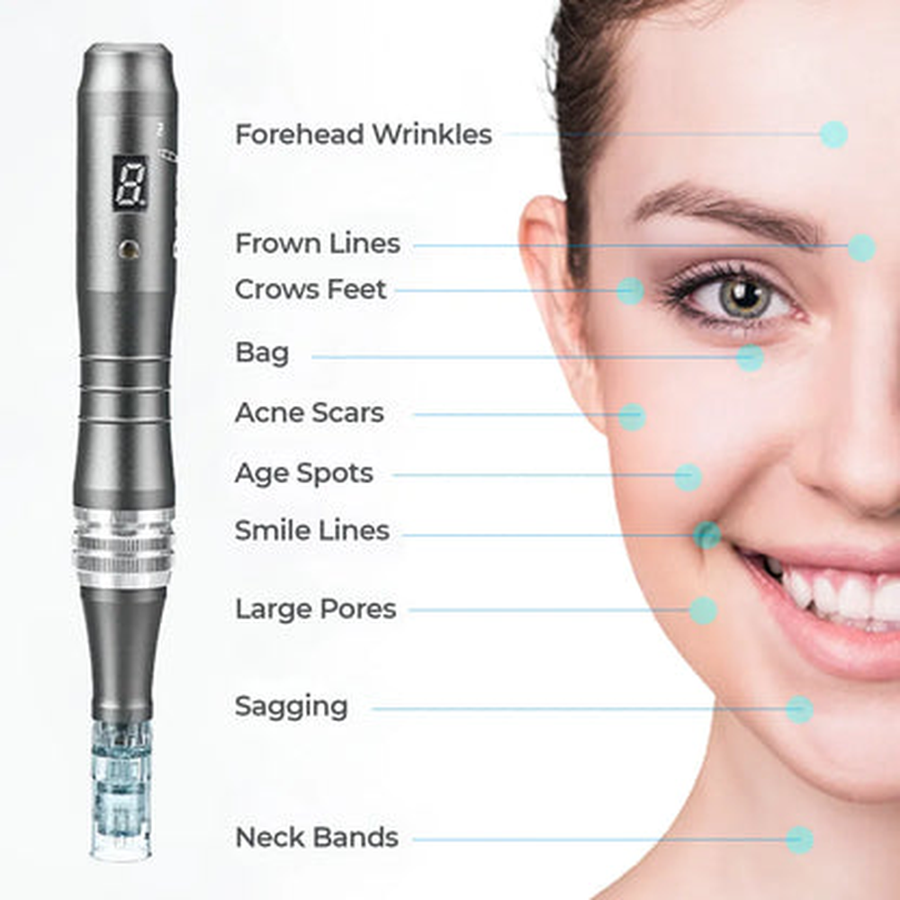 Dr. Pen M8 avec schéma facial illustrant le positionnement de soin du fournisseur