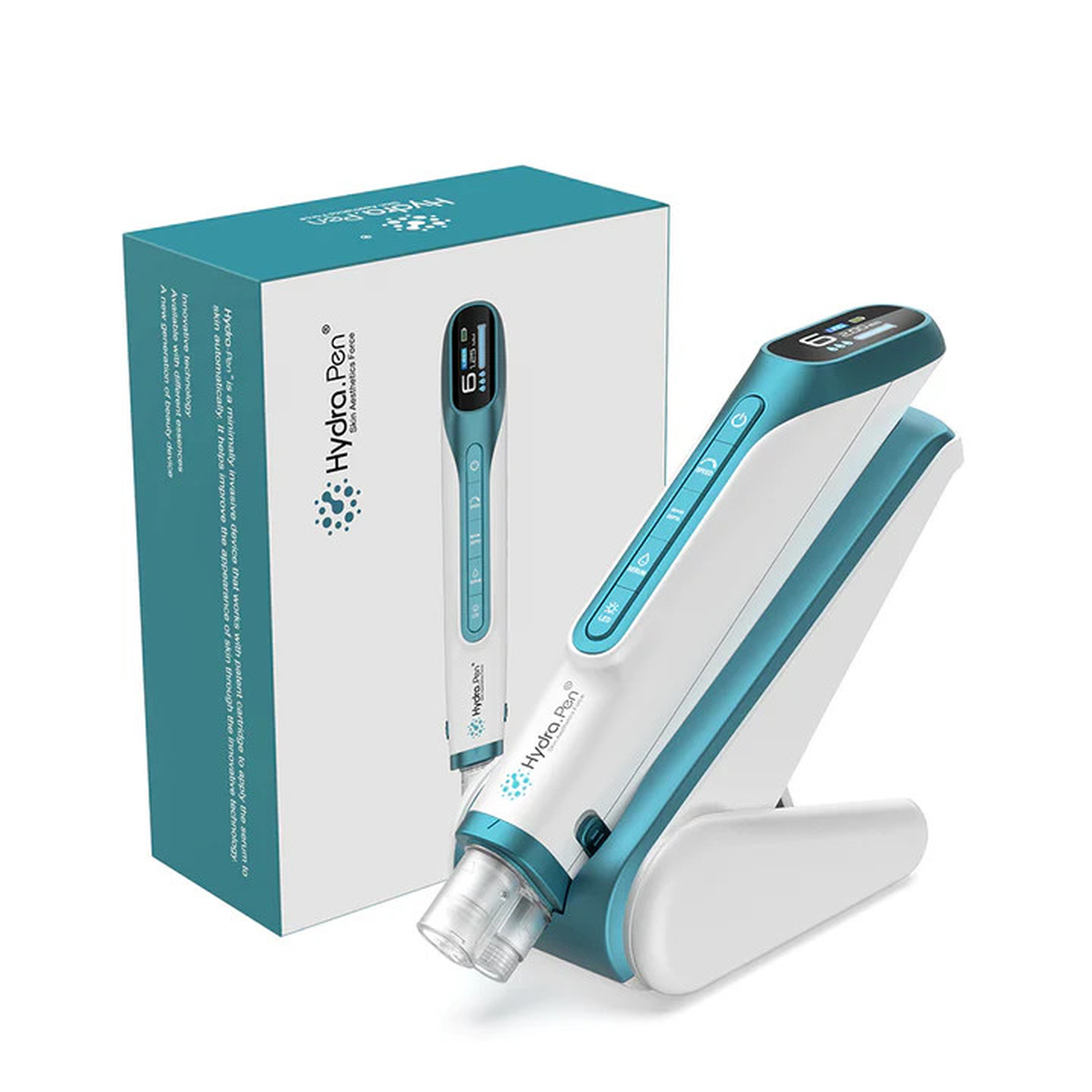 Hydra Pen H6 bleu canard métallisé sur son support à côté de la boîte assortie