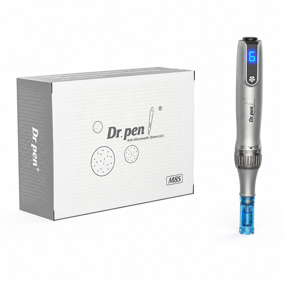 Dr. Pen M8s argenté avec cartouche bleue à côté de la boîte M8S d’origine