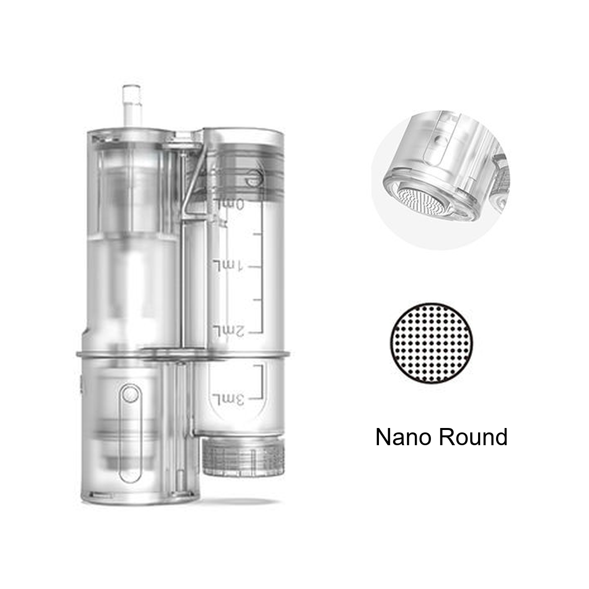 Cartouche H6 Nano rond avec réservoir gradué et détail de l’embout rond