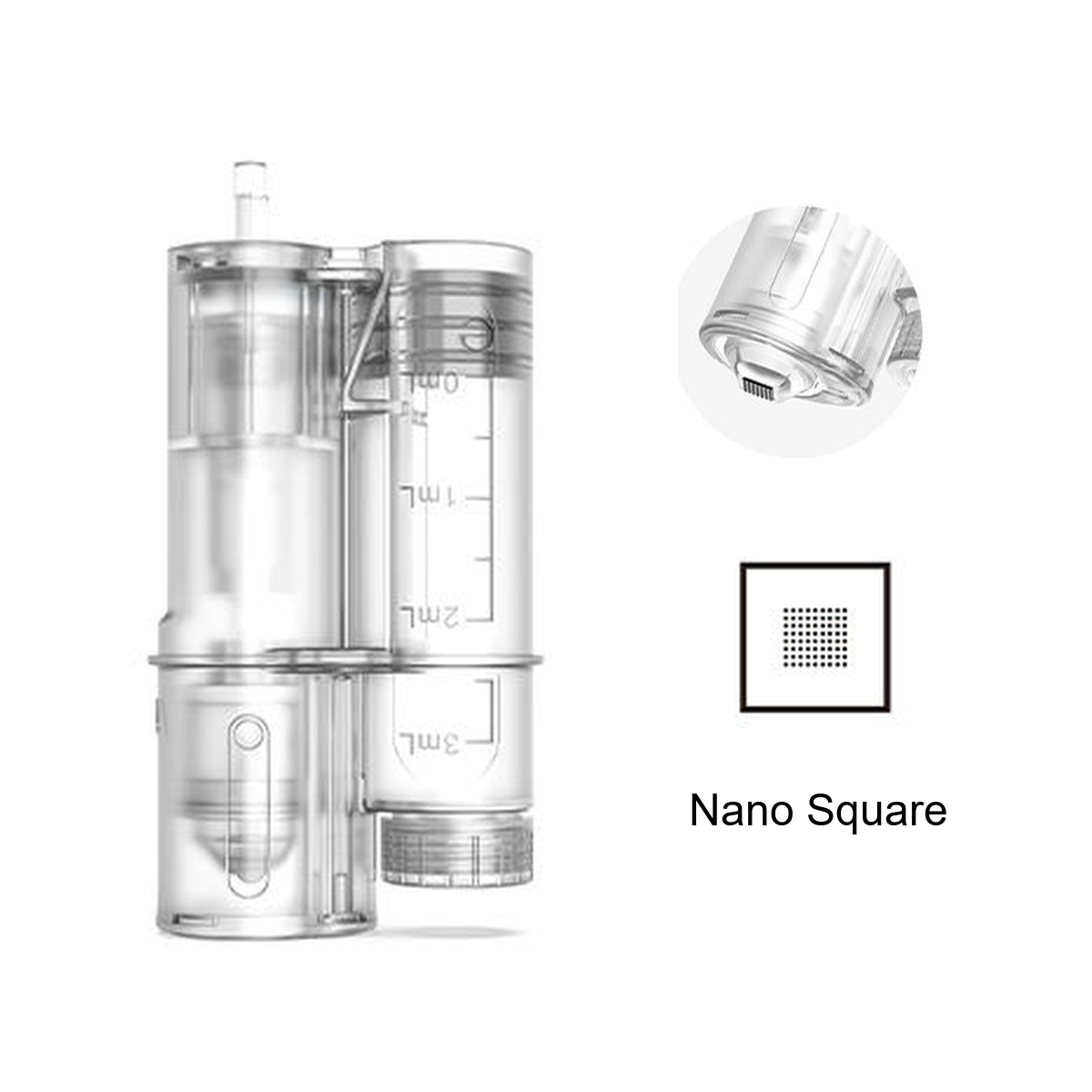 Cartouche H6 Nano carré avec réservoir gradué et détail de l’embout carré